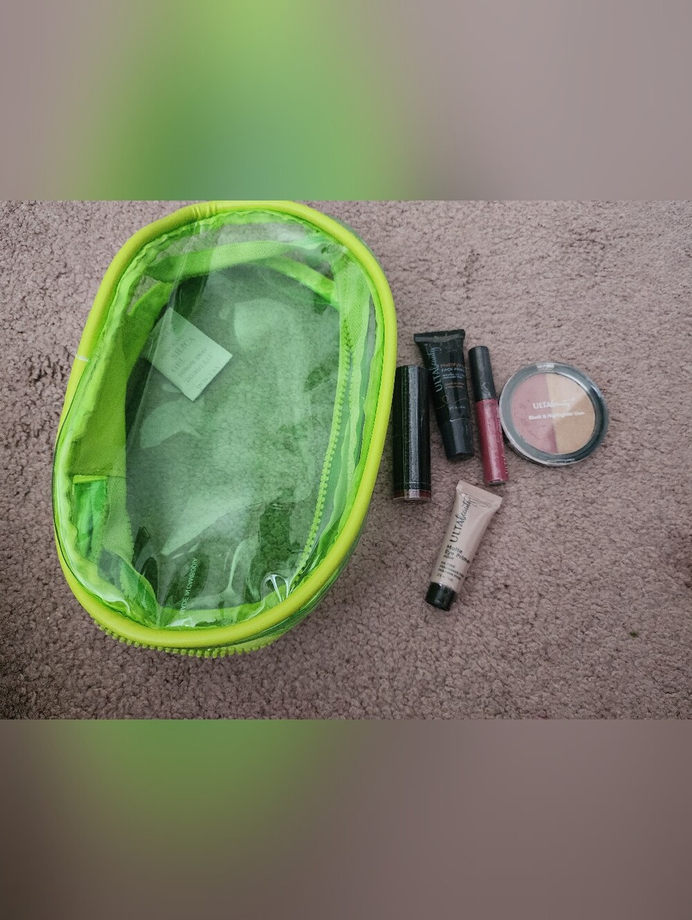 Ulta Beauty Neon Green Clear Cosmetic Pouch with Lipstick & Lip Gloss
